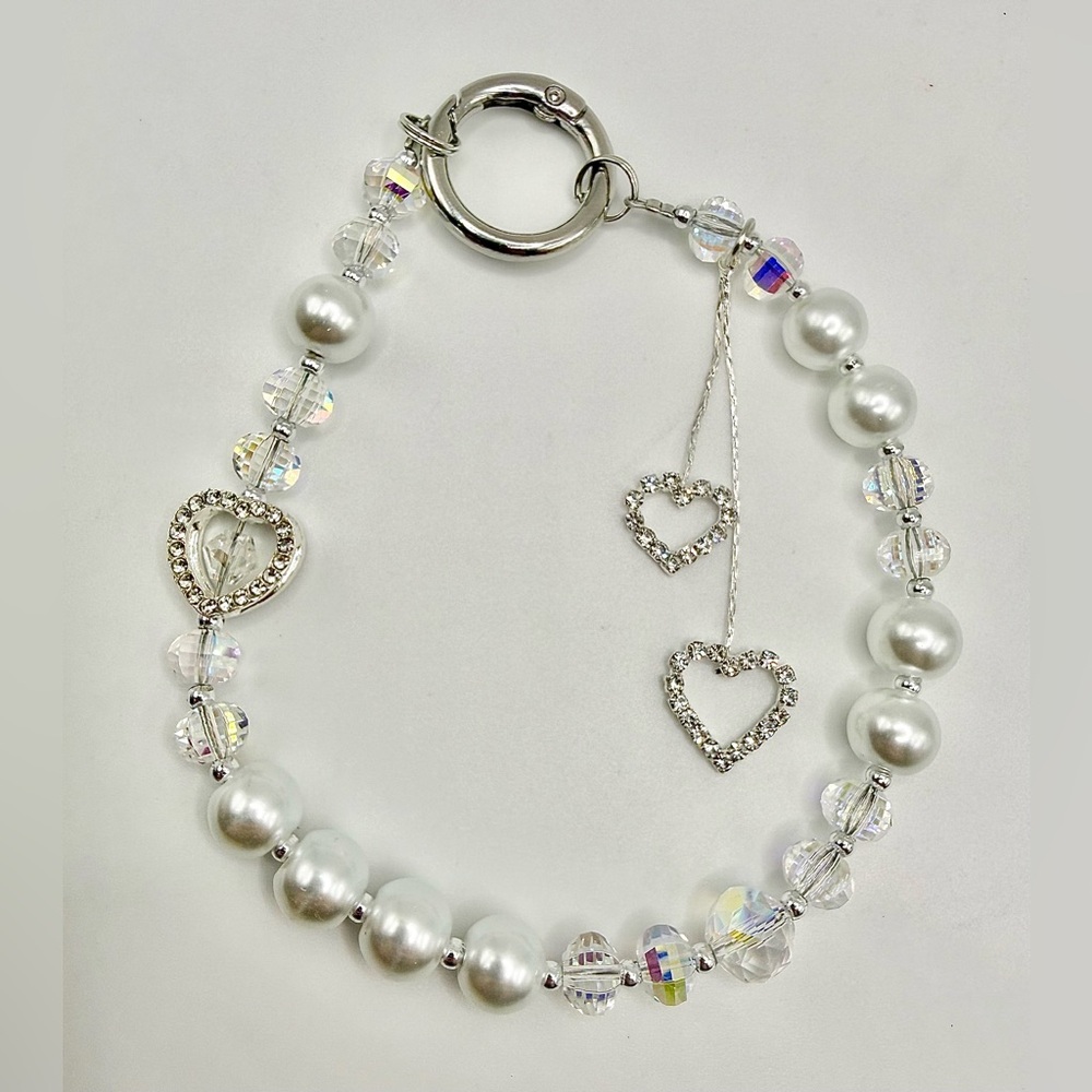 Pearl & Crystal Beaded Wallet Charm Wristlet Strap Elegant Keychain Accessory